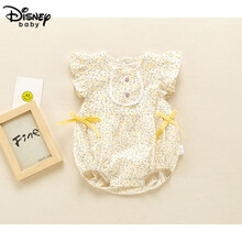 迪士尼品牌童装 婴儿连体衣夏季2021新款包屁衣薄款夏装公主0-1岁女宝宝洋气碎花短袖爬服6 黄色 73