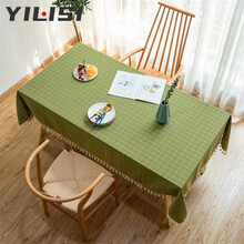 益丽丝(YiliSi) 白线绣花流苏小方格子桌布家用田园茶几盖布花边方桌圆桌布 白线绣花小格子-绿色 90*90cm