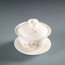 纯手绘荷花三才盖碗茶杯高端羊脂玉陶瓷家用大中号泡茶碗套装茶具 荷花盖碗