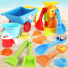 恩贝家族儿童小黄鸭沙滩玩具推车沙漏套装宝宝夏季戏水玩具海边便携玩挖沙漏铲子16件套