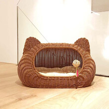 猫脸藤编猫窝四季封闭式冬季猫屋别墅可拆洗猫笼狗窝猫房子猫床 卡其色 大号 62*42*43