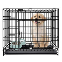 智汇 狗笼猫笼中小型犬狗笼子泰迪比熊哈士奇荷兰猪宠物笼可拆卸折叠带厕所兔笼子狗窝猫窝加密加粗狗笼鸡笼 黑色带天窗-60*50*42（适用10斤以内） 下单带托盘+脚垫+双碗