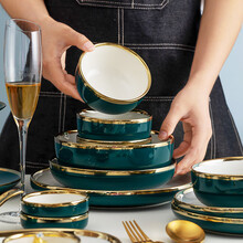 冠朴 碗碟套装家用北欧创意餐具景德镇陶瓷碗金边碗盘碗筷盘子饭碗组合 电镀内白外绿二人食12件套{礼盒包装}