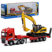 精邦1:50重型卡车儿童合金汽车模型玩具翻斗车高栏车运输车货车油罐车盒装合金快递运输车集装箱加油站 平板拖车-挖掘机黄色