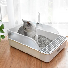 伊丽猫砂盆特大号自动猫厕所顶入式半封闭式猫砂盆幼猫成猫防外溅猫屎盆猫咪用品 白灰色L