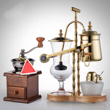 杯语 虹吸式煮咖啡机比利时咖啡壶酒精灯家用礼盒套装半自动 贵族金色+手摇磨豆机
