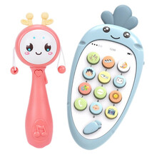 婴儿拨浪鼓可啃咬3-6三个月新生儿宝宝手摇鼓音乐棒摇铃玩具0-1岁 蓝色双语手机+萌鹿红