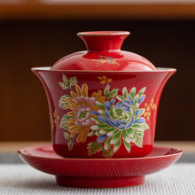 陶艺公社 三才盖碗 陶瓷功夫茶具家用日式复古扒花泡茶碗盖碗茶杯 富贵红款-165ml