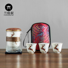 兰庭叙 便捷茶具玻璃功夫茶具陶瓷办公旅行茶具日式茶具套装快客杯 鹿跃【一壶三杯】