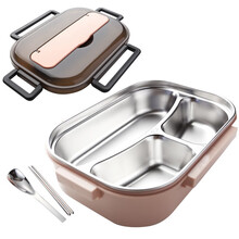 智汇 饭盒学生 304不锈钢便当盒女分隔可加热保温餐盒男初中生成人带汤碗密封带盖餐盘加大加深三格 粉色3格【带餐具】 中小学生快餐盒上班族带饭盒