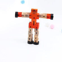 木制变形机器人儿童百变木头积木幼儿模型玩具木头人 玫红色 小号百变机器人