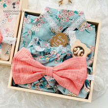 modomoma新生婴儿用品创意礼盒女宝夏和风蕾丝公主复古连衣裙套装 【和风船】木盒【绿】 66【建议6个月内】