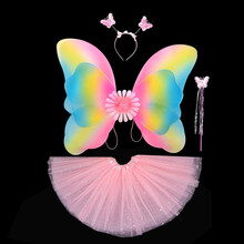 蝴蝶翅膀儿童发光魔法棒公主奇妙仙子精灵玩具仙女裙演出服小女孩透明网纱小天使彩虹道具 粉色翅膀4件套