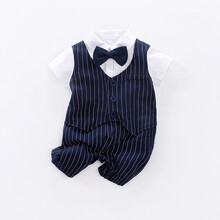 依尔婴 婴儿衣服夏季短袖0-1岁男宝宝连体衣外出绅士爬服满月周岁A棉拍照礼服 LTY524藏青条绅士 3-6个月建议身高66CM