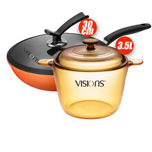 康宁锅3.5L汤锅玻璃锅+30cm炒锅 不粘锅平底锅炒菜锅锅具套装 VS35+30cm橘色炒锅