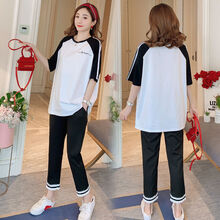 南叮雅格 孕妇套装夏装时尚T恤2020宽松短袖T恤九分托腹裤两件套潮妈 单件 白色短袖 M