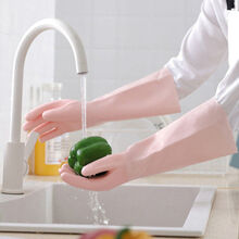 橡胶乳胶防水长手套女洗衣厨房洗碗耐用耐磨冬季加绒加厚手套 新款粉40CM植绒【大码】 3双