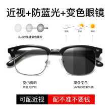 Akingwolf感光变色防蓝光眼镜男女无度数防辐射眼镜复古电脑护目镜可配变色近视眼镜框平光镜 磨砂黑