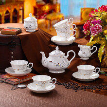 雅言陶瓷 英式下午茶具 15头咖啡具套装 手工描金咖啡壶杯碟奶罐糖罐 景德镇陶瓷咖啡杯  金凤翎