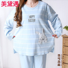 长袖孕妇产后月子服睡衣套装女条纹圆领套头全纯棉薄款长袖喂奶哺乳居家服套装女喂奶睡衣春秋夏大码200斤 粉蓝条纹兔【侧开无纽扣哺乳口】 3XL(...