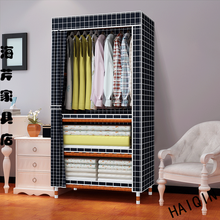 单人简易衣柜现代简约出租房用帆布小号宿舍收纳实木布艺组装衣橱 80*45*170厘米黑格(色丁布)