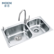 摩恩（MOEN）厨房水槽双槽套装拉丝面304不锈钢760mm水池洗菜盆配铜净铅水龙头冷热23610MCL01+GN60201