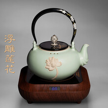 容山堂粗陶瓷烧水壶大号煮茶器莲花禅意日式鎏银钮茶具电陶炉套装 汝青莲花壶+小容红檀木纹炉