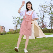 幽幽小熊 女童夏装套装2021新款韩版儿童洋气童装女大童夏季背带裙女孩时髦两件套 粉色 160