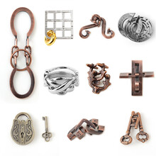 魔Puzzle金锁玩具高难度智力扣解锁解环解密孔明锁鲁班锁全套 经典手感好锌合金10件套装