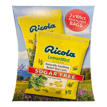 美国直邮利口乐Ricola润喉糖无蔗糖2包装平息咳喘提神醒脑原味薄荷糖有糖无糖 无糖型润喉糖105粒/包（共两包）