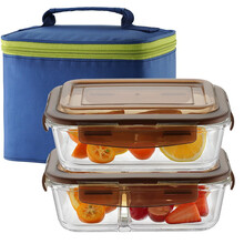 苏泊尔 SUPOR 耐热玻璃保鲜盒2件套（1010ml+960ml） 带保温包 便当盒 微波炉饭盒TK2003E 棕色盖