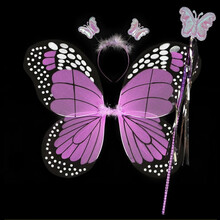 儿童玩具彩虹蝴蝶天使翅膀公主蓬蓬裙女孩舞台表演演出服装道具女童精灵cos扮演皇冠仙女棒 紫色仿真翅膀3件套