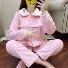 七采雏菊 冬季月子服加厚法兰绒孕妇睡衣产后哺乳喂奶衣厚大码孕妇装怀孕期衣服加厚可外穿家居服 615粉色加厚法兰绒套装 M码（80-110斤内合适）