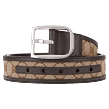 GUCCI/古驰 男士 皮带 针扣腰带 经典款4CM宽卡其色双G帆布配小牛皮 无防尘袋 棕色 85