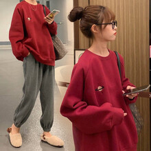 敏潮格伦孕妇秋装套装时尚款卫衣中长款宽松秋季外出网红洋气运动装两件套秋装 酒红套装 L