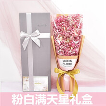 QUEENFLORA 粉色满天星干花花束礼盒蓝色玫瑰永生花生日毕业真花表白送女友 毕业季七夕节情人节 粉花轻奢金中号-手提盒明信片+灯