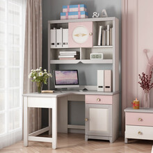 富欣娜 电脑桌实木韩式简约儿童房家具套装组合大款粉色田园学生学习书桌 直角书桌椅子组合