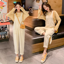 孕妇装秋冬装孕妇打底裤子外穿春秋季套装宽松显瘦孕妇背带裤加厚保暖孕妈装上衣 上衣+裤子套装 M