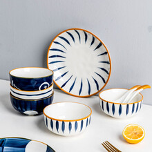 摩登主妇日式青瑶创意陶瓷米饭碗深盘面碗碟勺筷子2人食碗盘餐具 木纹2人食10件套