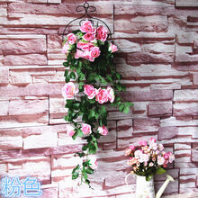 仿真玫瑰花藤条 吊篮花艺假花塑料花藤垂吊居家装饰壁挂 粉红色