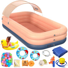 新款儿童游泳池加厚室内外婴儿无线自动充气家用成人游泳池大型户外带棚水池 2.6米三层粉色豪华套餐（带棚自动充气）