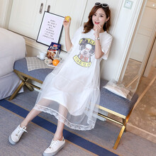 孕妇装夏装夏季新款2020时尚网纱拼接宽松T恤中长款孕妇连衣裙夏款孕妈装春秋 白色 L