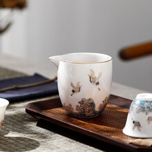 博为 白瓷三才盖碗茶杯陶瓷家用单个手抓大号复古手绘风泡茶碗 祥鹤观海茶海(哑光)