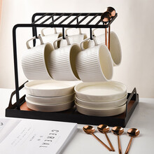 SUCCO日式复古条纹咖啡杯套装带托盘家用竖纹拉花拿铁杯碟陶瓷杯子茶杯水杯马克杯早餐杯下午茶茶具 奶白色6杯碟勺（黑U架+I托盘）