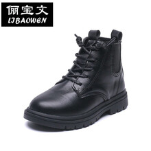 小学生靴子男童马丁靴子加绒儿童短靴风秋冬新款皮靴二棉鞋子女童 黑色 26码15.5cm