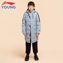 李宁童装男童中长款羽绒服冬款防风足球系列大童连帽儿童羽绒服 凝雪灰-长款 160