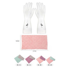 适用于洗碗手套女防水橡胶薄款厨房耐用洗衣衣服胶皮塑胶家务刷碗神器 火烈鸟【3双】 M码+2条抹布