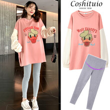 苒琦妈咪孕妇装春装卡通印花长袖T恤卫衣中长款孕妈打底托腹裤时尚孕妇套装 粉色上衣+灰色打底裤 M