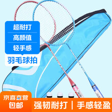 羽毛球拍成人正品2支男女情侣亲子儿童学生进攻型加强羽毛球拍 耐打王-蓝 （拍包+3尼龙球+手胶）