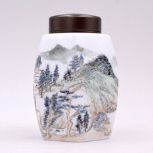名家手绘釉上彩六棱密封防潮储存陶瓷中号茶叶罐 山中清幽